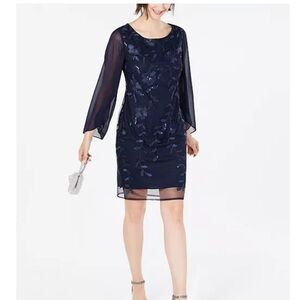 CONNECTED APPAREL Womens Navy Sequined Floral Long Sleeve Scoop Neck Dress
